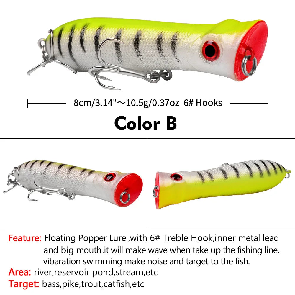 Topwater Popper Saltwater Fishing 8cm-12g 6# Floating Bait Hard Bait Artificial Wobblers Plastic Fishing Tackle for Striper Pike