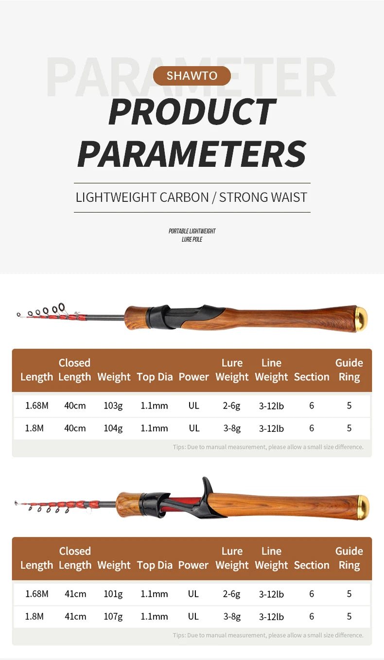 Shawto Fishing Rod Spinning Lure Rod 1.68 1.98m 6 Section Carbon Fiber Super Hard Light Casting Rod Baitcasting Rod Gift Rod Tip