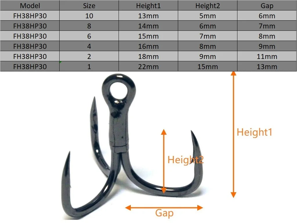 30 Hooks per Pack Black Nickle Short Shank Cutting Blade Forged High Quality Treble Fishing Hooks Fishing Tackle FH38HP30