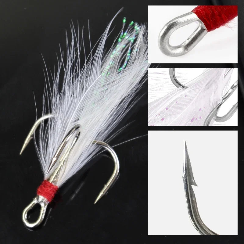 50pcs Feathered Treble Hooks Set Dressed Triple Hook Strong Pull Lure Fishing Hook with Feathers Fishing Accessories