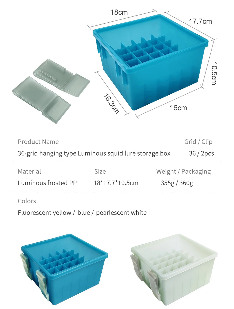 New 36 Grids Plastic Luminous Fishing Tackle Box Hard Lure Storage Box Egi Webfoot Octopus Organizer Squid Jig Bait Container