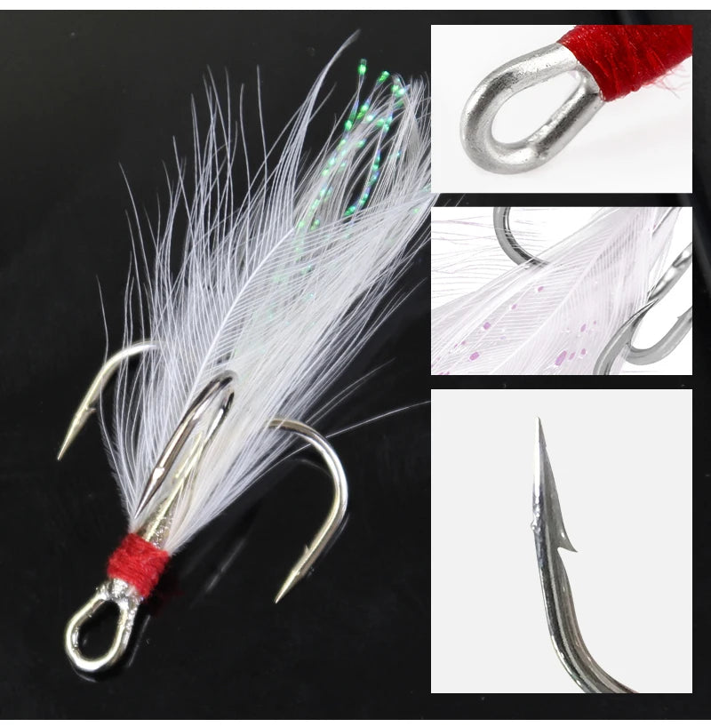 50pcs Feathered Treble Hooks Set Dressed Triple Hook Strong Pull Lure Fishing Hook with Feathers Fishing Accessories