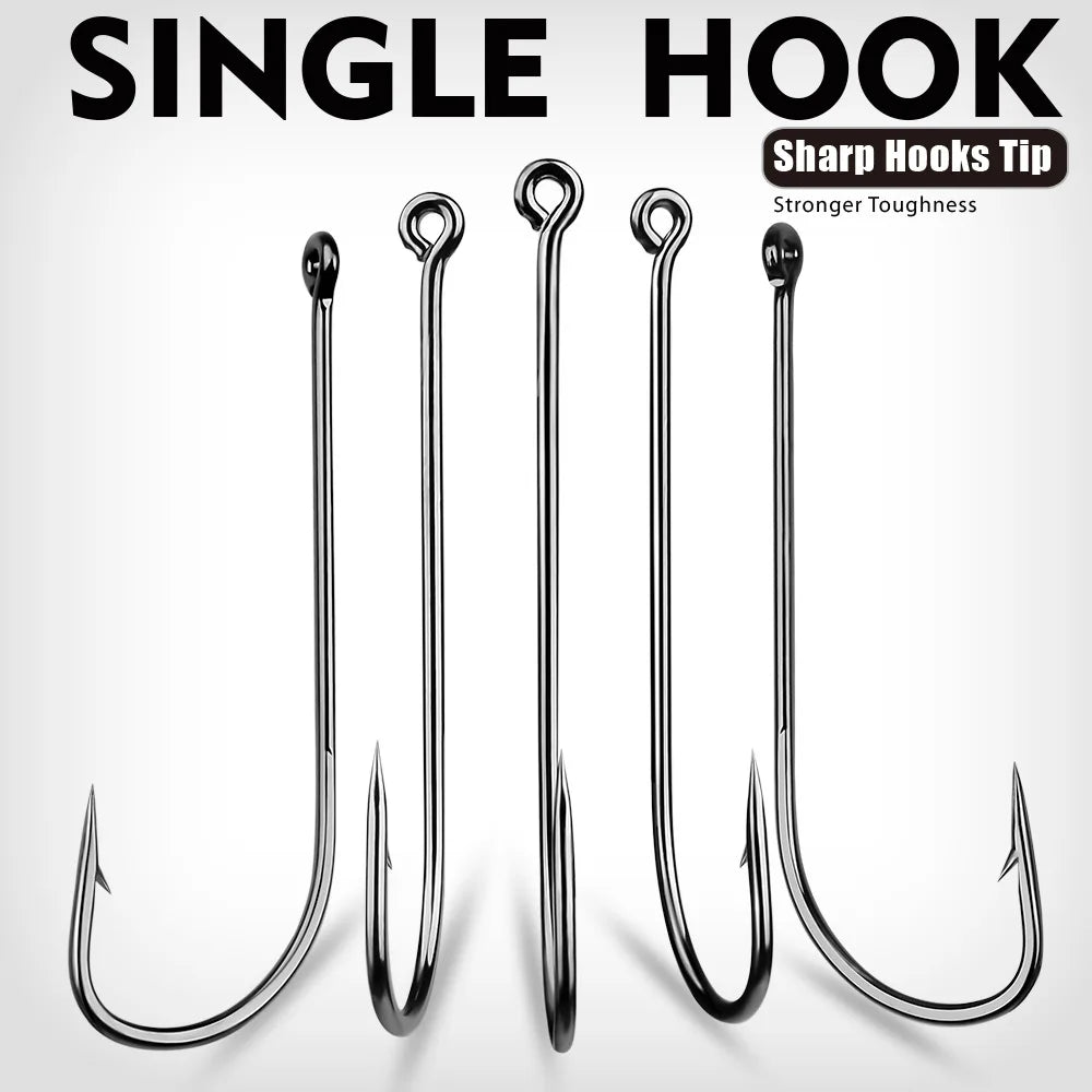 Sea.Yolo 50 Pcs High Carbon Steel Fishing Hook Lure Single Hook Perforated Ring Long Handled Fish Hook for Sea Fishing Hook