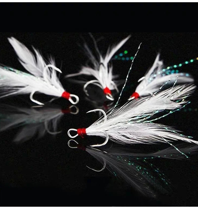 50pcs Feathered Treble Hooks Set Dressed Triple Hook Strong Pull Lure Fishing Hook with Feathers Fishing Accessories