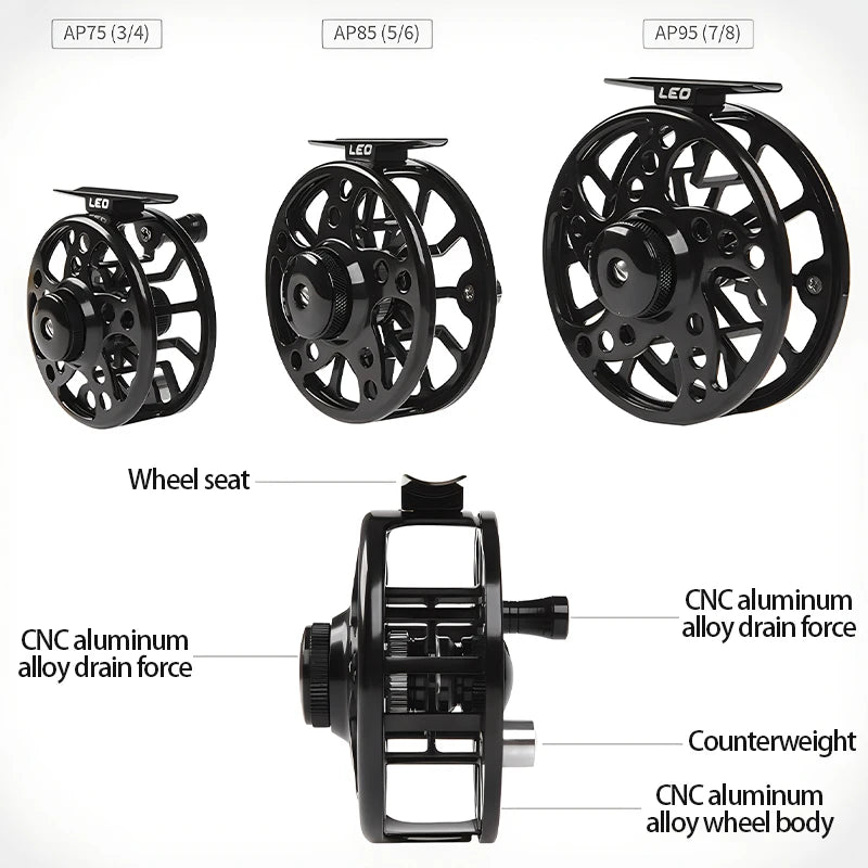 1PC 3/4 5/6 7/9 74 84 94mm WT Fly Fishing Reel CNC Machined Metal Large Arbor Aluminum Professional Fly Fishing Wheel Black