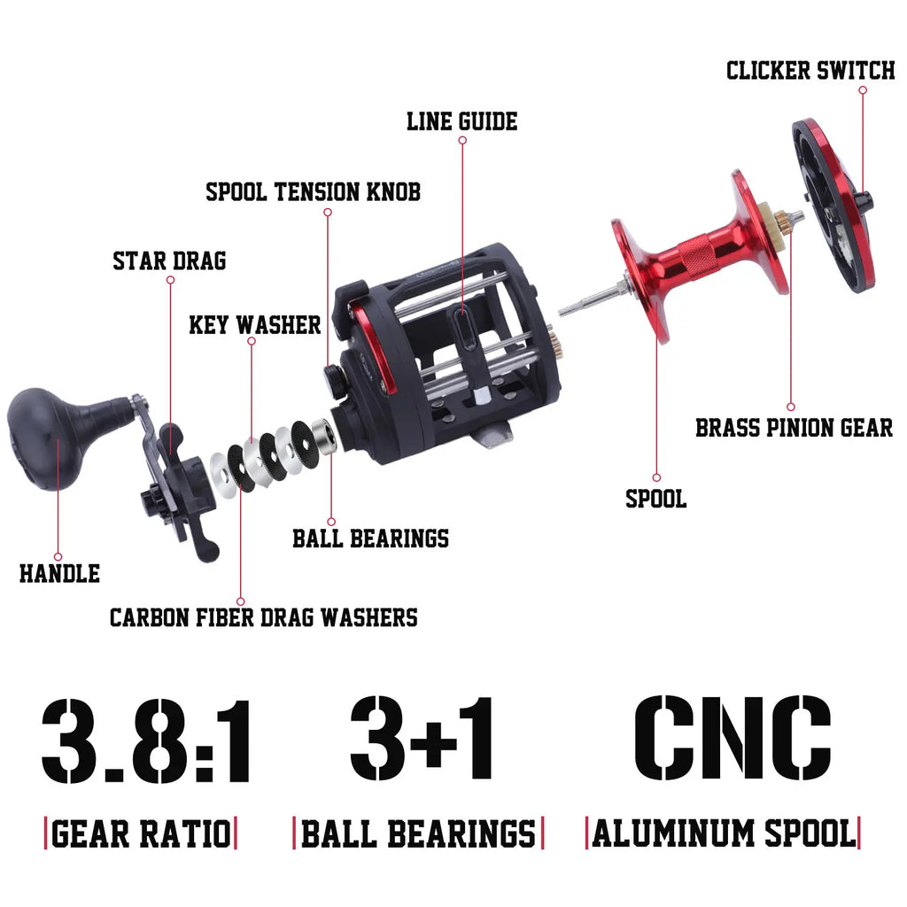 Sougayilang Trolling Fishing Reels Aluminum Alloy Spool Saltwater Drum Fishing Reel 3+1BB 3.8:1 Max Drag 25kg Fishing Tool Pesca