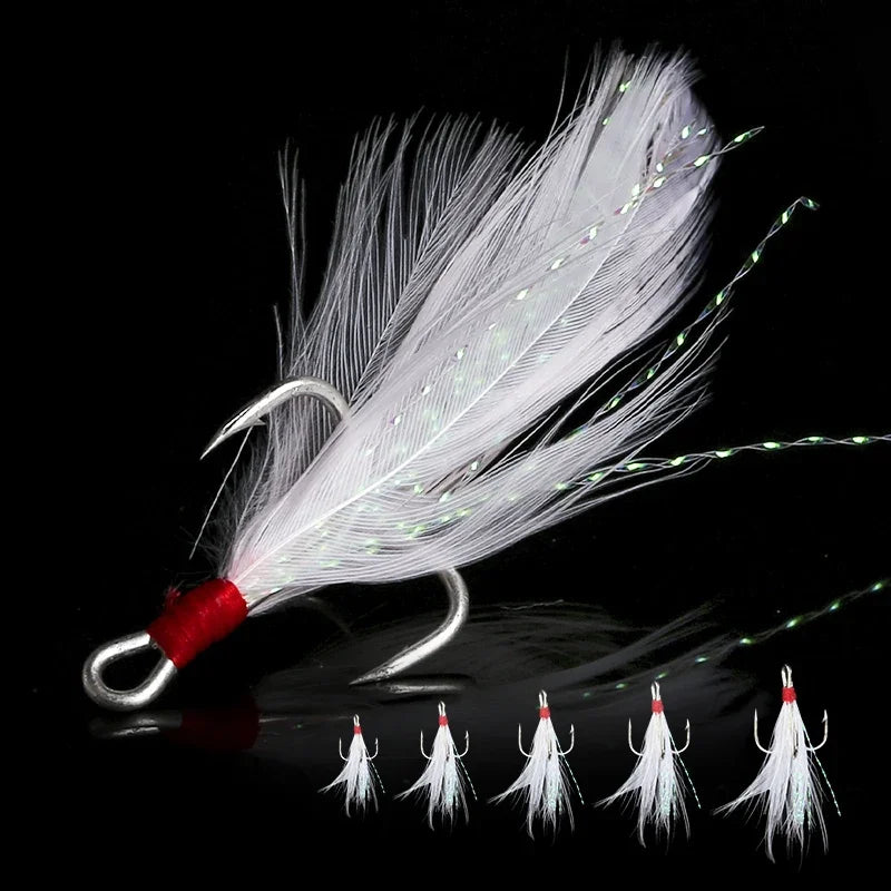 50pcs Feathered Treble Hooks Set Dressed Triple Hook Strong Pull Lure Fishing Hook with Feathers Fishing Accessories