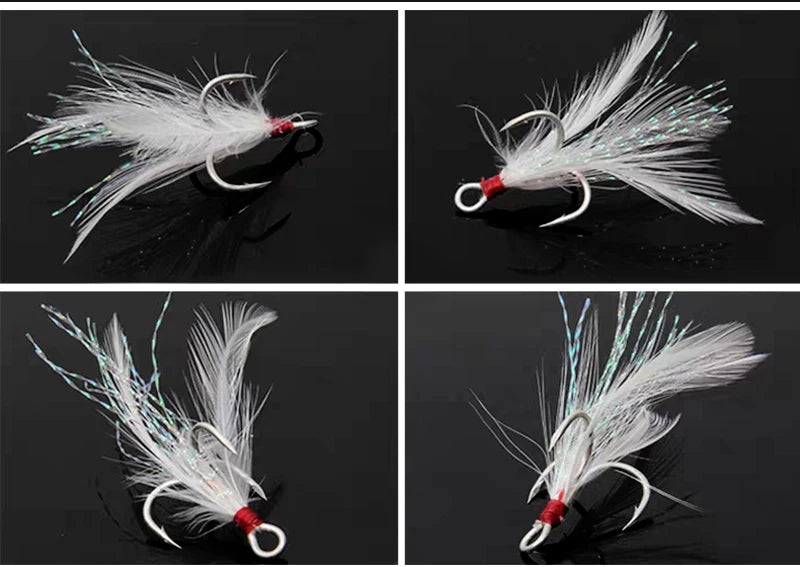 50pcs Feathered Treble Hooks Set Dressed Triple Hook Strong Pull Lure Fishing Hook with Feathers Fishing Accessories