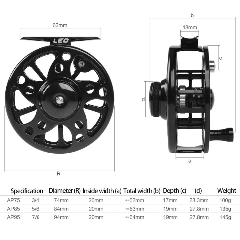 1PC 3/4 5/6 7/9 74 84 94mm WT Fly Fishing Reel CNC Machined Metal Large Arbor Aluminum Professional Fly Fishing Wheel Black
