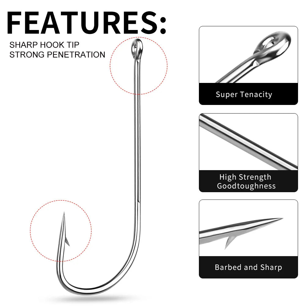 Sea.Yolo 50 Pcs High Carbon Steel Fishing Hook Lure Single Hook Perforated Ring Long Handled Fish Hook for Sea Fishing Hook
