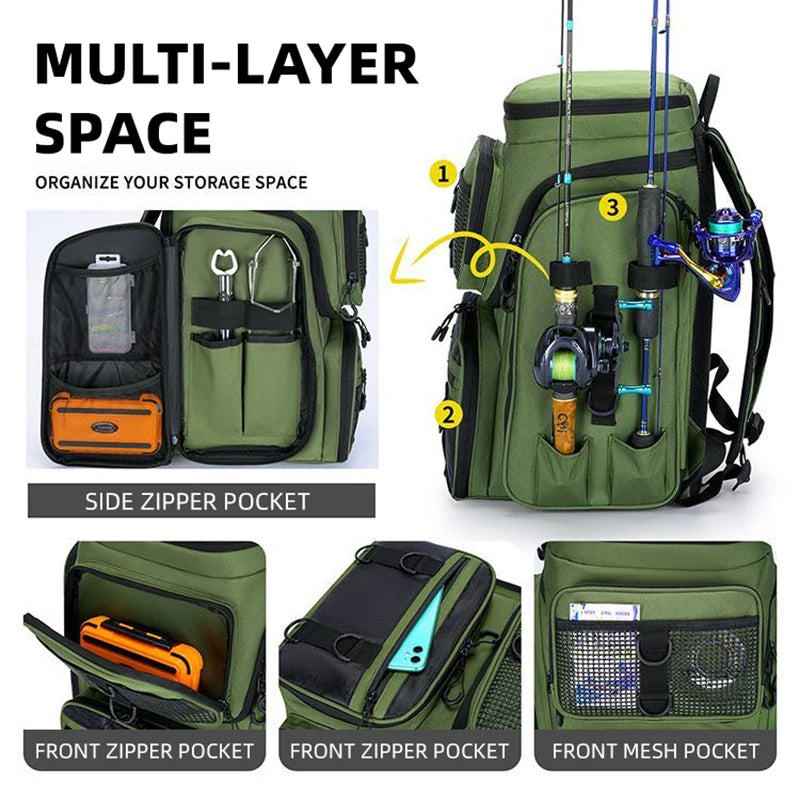 50L Fishing Bag with Rod Holders Chest Bag Fish Tackle Lure Organizer Storage Backpack Outdoor Camping Hiking Large Bagpack