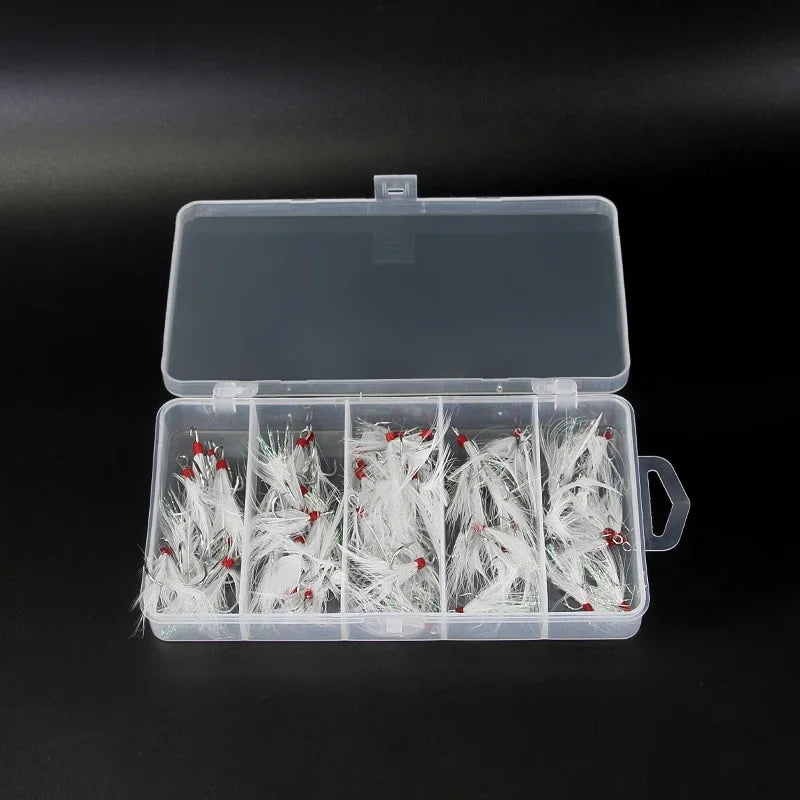 50pcs Feathered Treble Hooks Set Dressed Triple Hook Strong Pull Lure Fishing Hook with Feathers Fishing Accessories