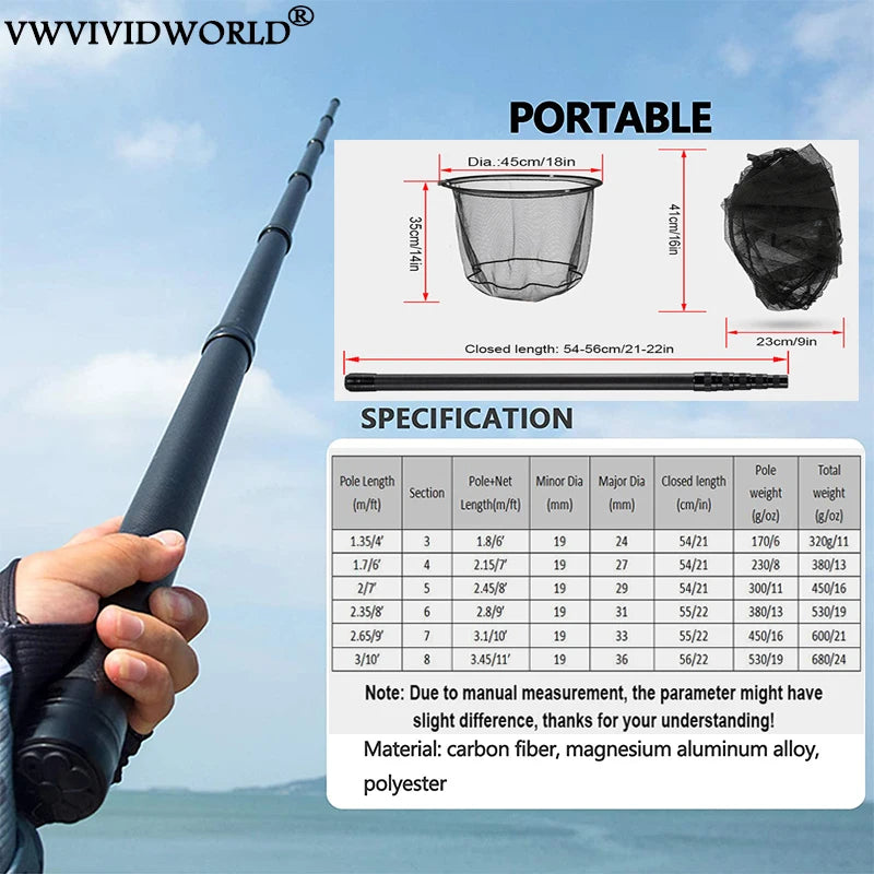 VWVIVIDWORLD Brand,1.8-3.45m,Portable Carbon Fishing Net,Fishing Land,Hand Net,Foldable Collapsible Telescopic Pole,Fishing Rod