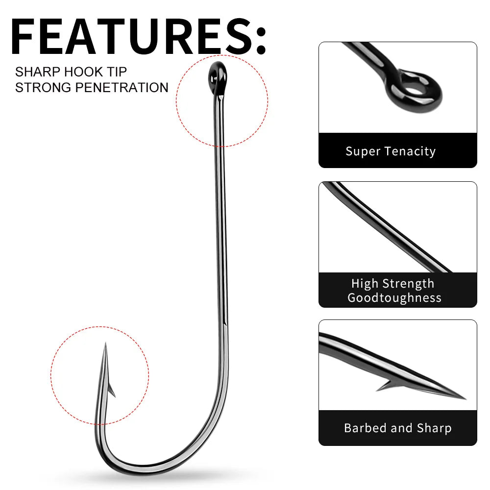 Sea.Yolo 50 Pcs High Carbon Steel Fishing Hook Lure Single Hook Perforated Ring Long Handled Fish Hook for Sea Fishing Hook